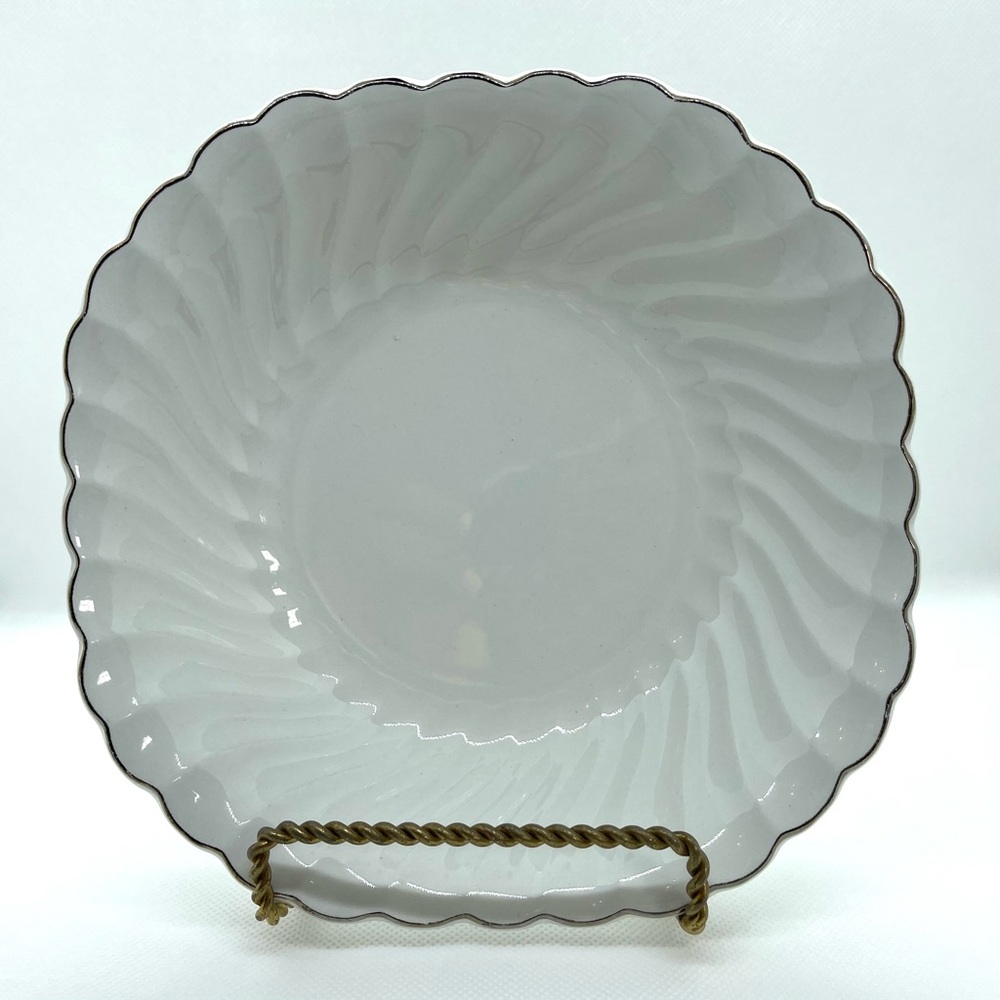 Johnson Brothers 7” square soup bowls with silver trim. Set of two.